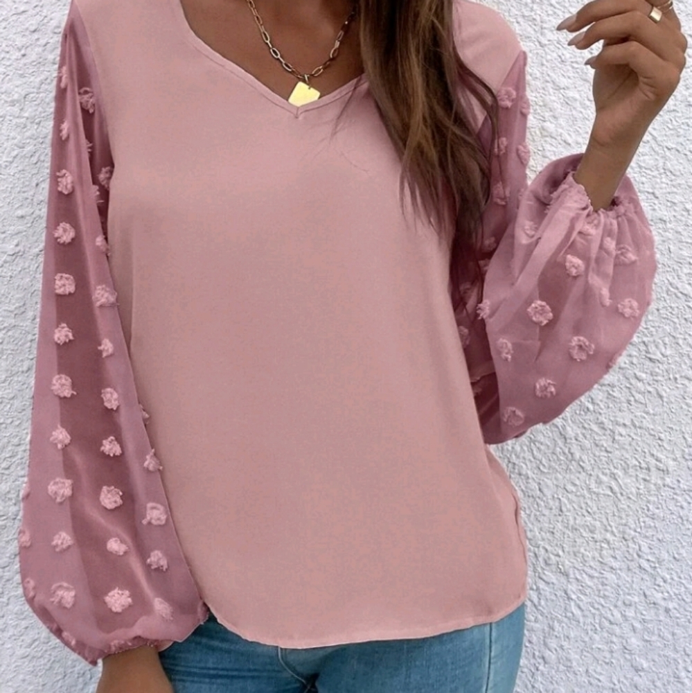 SHEIN LUNE Swiss Dot Bishop Sleeve Blouse NWT Blush color